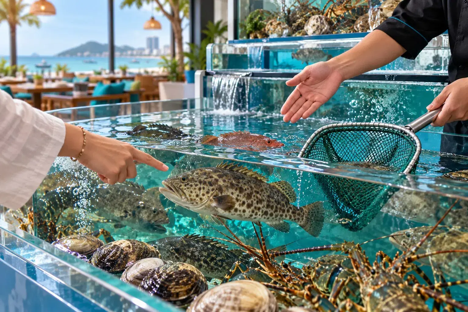 Chọn hải sản tại bể: nhìn gì, hỏi gì trước khi gọi món?. Không cần là người sành biển để chọn món rõ ràng. Chỉ cần quan sát, hỏi và xác nhận trước khi bếp chế biến.