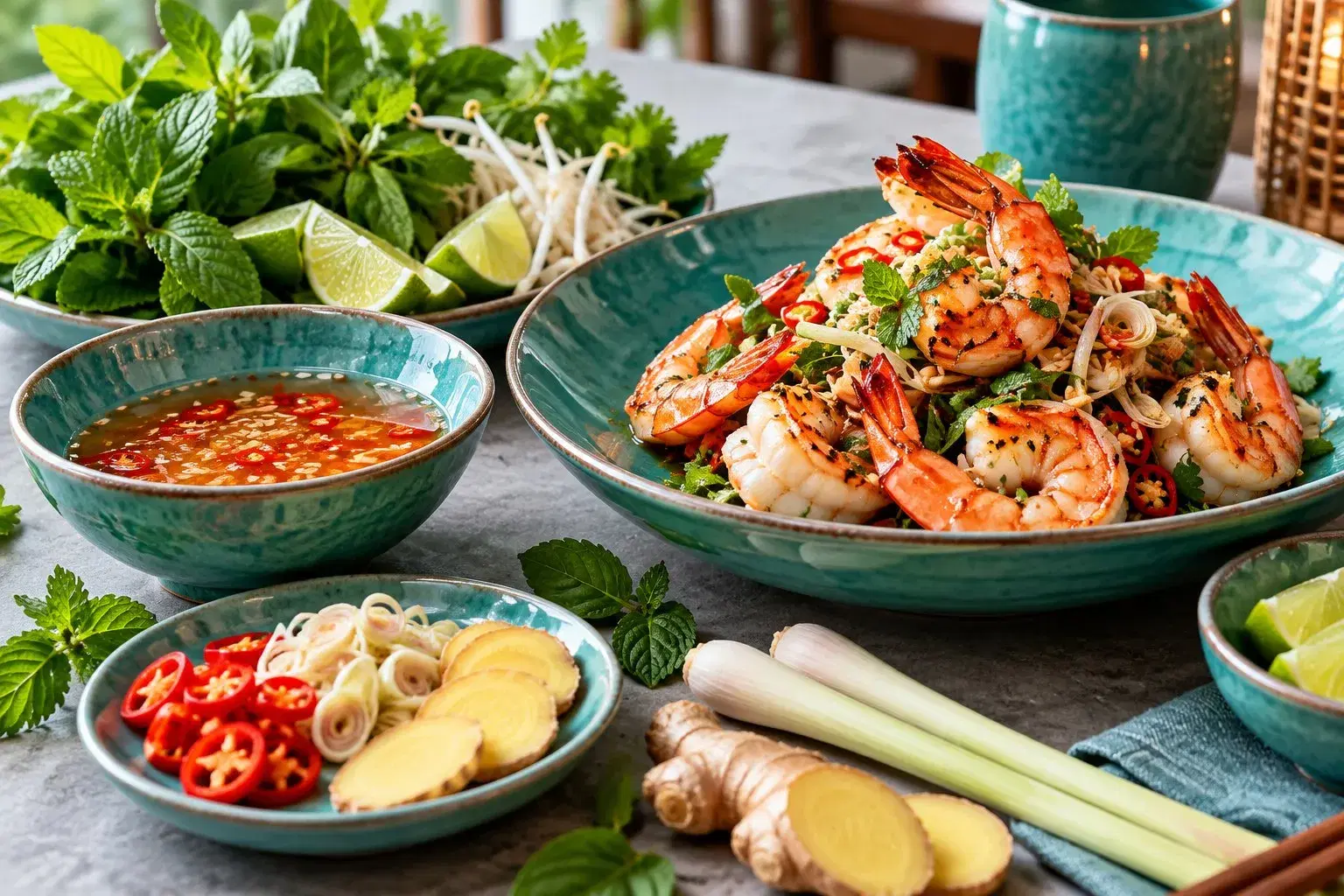 Rau thơm, chanh ớt và chén nước chấm trên bàn hải sản. Những thành phần nhỏ mở ra nhiều lớp hương cho cùng một món ăn.